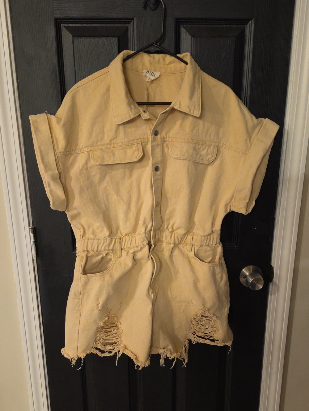 BiBi Tan Short-Sleeve Distressed Jean Romper Jacket